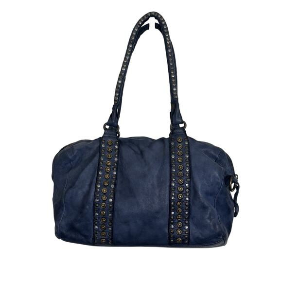 Viola Castellani Blue Leather Studded Shoulder Bag Made in Italy - Picture 1 of 8